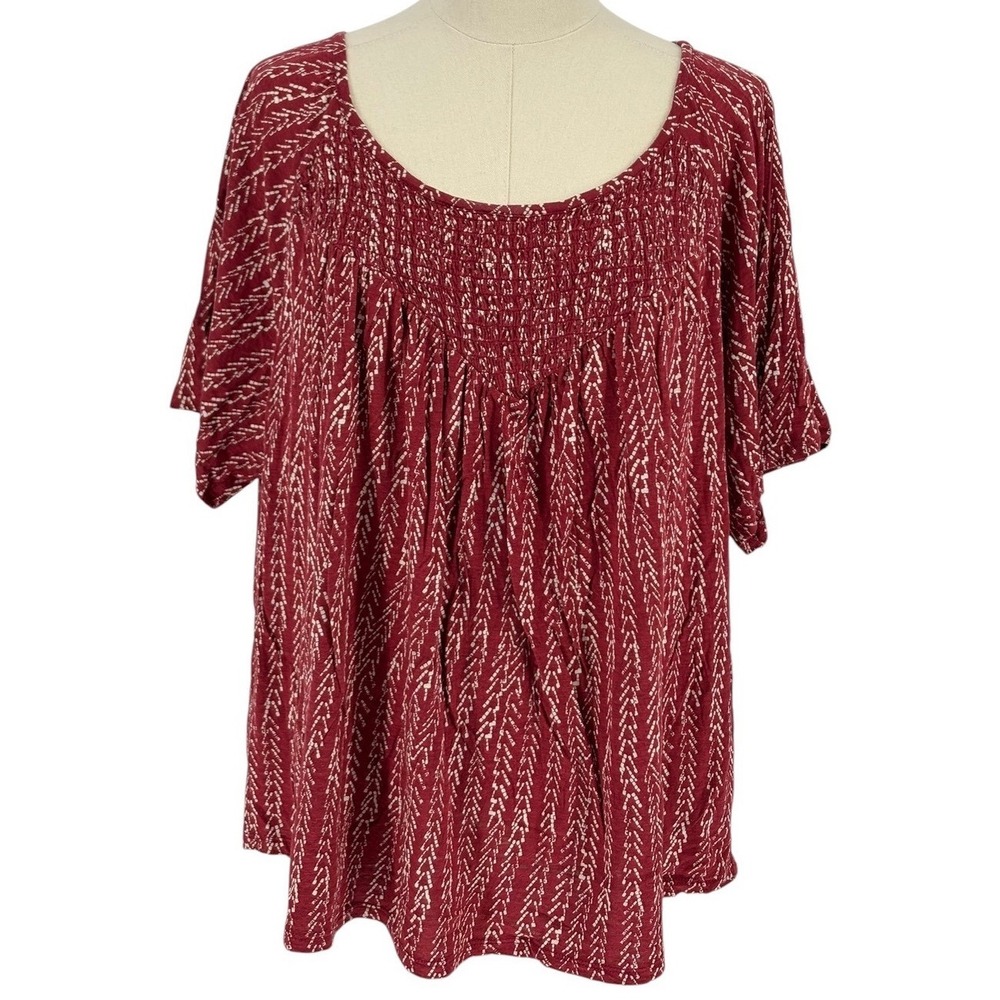 Lucky Brand Peasant Top Red Chevron Smocked Short Sleeve XL